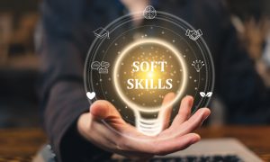 • Soft skills words in a light bulb. Job hiring and career search for. Self-motivation, development, improvement, and achievement. Soft skill strategy ability analysis. Growth mindset of an employee.