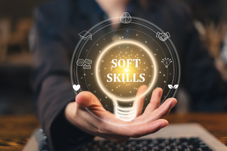 Soft skills words in a light bulb. Job hiring and career search for. Self-motivation, development, improvement, and achievement. Soft skill strategy ability analysis. Growth mindset of an employee.