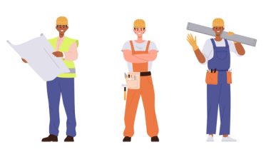 Illustration of five construction workers standing side by side, each wearing a hard hat and high‑visibility workwear; from left to right: a worker holding a shovel, a worker reviewing large blueprints, a worker with arms crossed and a tool belt, a worker carrying a metal beam on one shoulder, and a worker holding a clipboard.