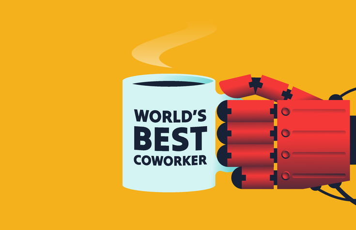Robotic AI hand holding a “world’s best coworker” mug, representing generative AI as a supportive workplace partner that enhances human productivity rather than replacing workers, shown in a modern vector illustration.