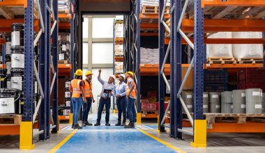 Photo of six adult workers—men and women—wearing yellow hard hats, orange safety vests, long pants, and work boots, standing in a warehouse aisle between tall pallet racks filled with boxed and bagged inventory; one person gestures upward while others look on, suggesting a team discussion or inspection.
