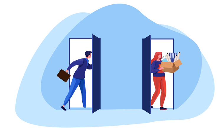 Illustration of a man in a blue sweater and pants holding a briefcase stepping through a door on the left, and a woman with red hair wearing a blue top and red pants carrying a box of rolled papers through a door on the right, set against a light blue abstract background.
