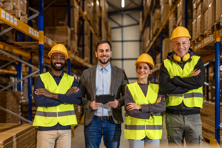 Warehouse team collaborating in a calm, organized workspace, illustrating balanced workloads, supportive leadership, and efficient supply chain operations designed to reduce burnout and improve performance incentives.