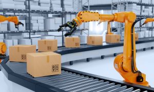 Industrial robotic arm lifting a cardboard box from a roller conveyor inside a modern automated warehouse, showcasing advanced robotics, automation technology, and AI driven logistics in a 3D rendered scene.