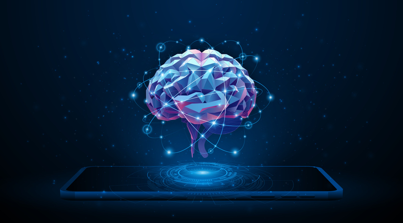 Digital glowing brain with interconnected network lines hovering above a tablet, representing systems thinking and complex problem-solving in technology.