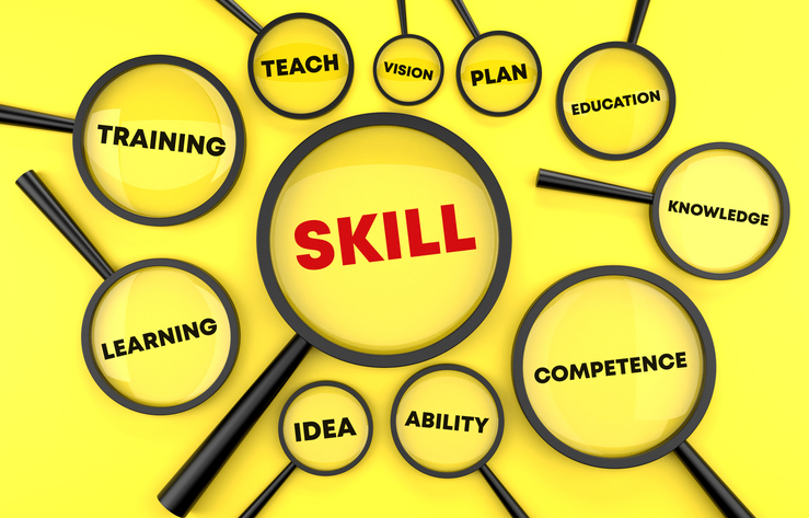 Illustration of multiple magnifying glasses on a bright yellow background, with the largest lens highlighting the word “SKILL.” Surrounding lenses contain the words “TRAINING,” “LEARNING,” “TEACH,” “VISION,” “PLAN,” “EDUCATION,” “KNOWLEDGE,” “COMPETENCE,” “ABILITY,” and “IDEA,” emphasizing workforce development, education, and professional skills.