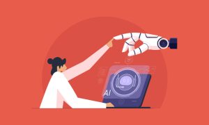 Illustration of a person reaching toward a robotic hand above a laptop displaying an AI chatbot interface, symbolizing human-AI collaboration, artificial intelligence, automation, and digital assistance. Text visible on laptop: “AI.”