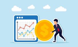 Illustration of a business professional in a dark suit with a red tie pushing a large gold coin with a dollar symbol beside a chart dashboard showing multicolored upward and downward trend lines on a light blue background.