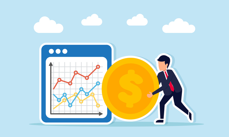 Illustration of a business professional in a dark suit with a red tie pushing a large gold coin with a dollar symbol beside a chart dashboard showing multicolored upward and downward trend lines on a light blue background.