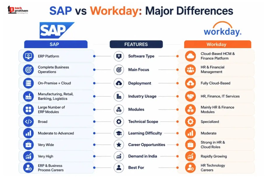 SAP versus Workday comparison infographic showing how leading enterprise software platforms support finance, HR, operations, analytics, and digital transformation careers.