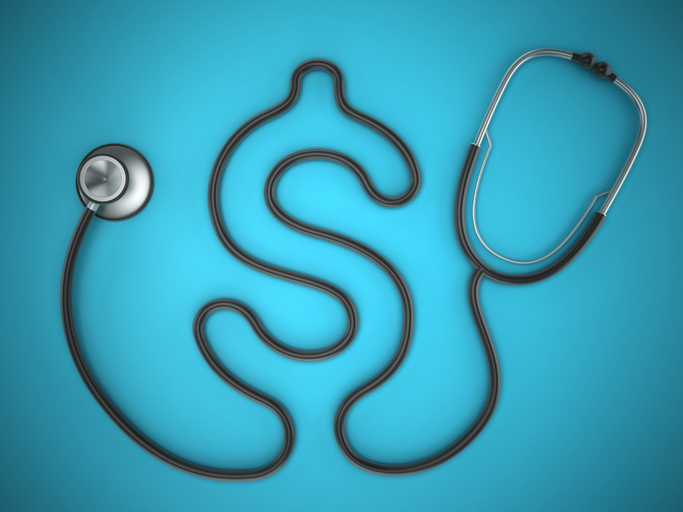 Stethoscope shaped like a dollar sign, representing healthcare cost visibility, cost accounting, financial performance, and strategic healthcare decision-making.